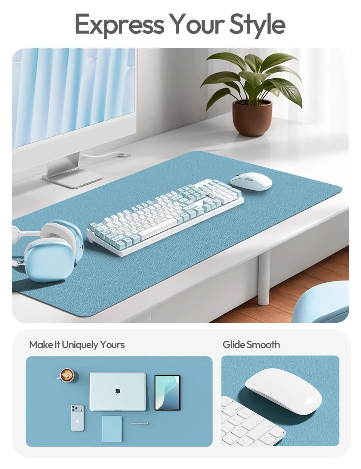 YSAGi PU Leather Desk Protector Mat, Large Mouse Mat, Non-Slip, Waterproof, Sea Blue (47" x 17") - view 2