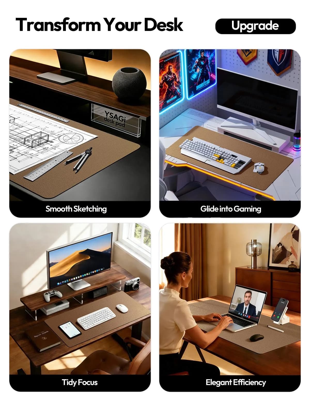 YSAGi Large PU Leather Desk Pad Protector 109cm x 43cm (43" x 17") | Protects Desks, Doubles as Mouse Pad - view 2