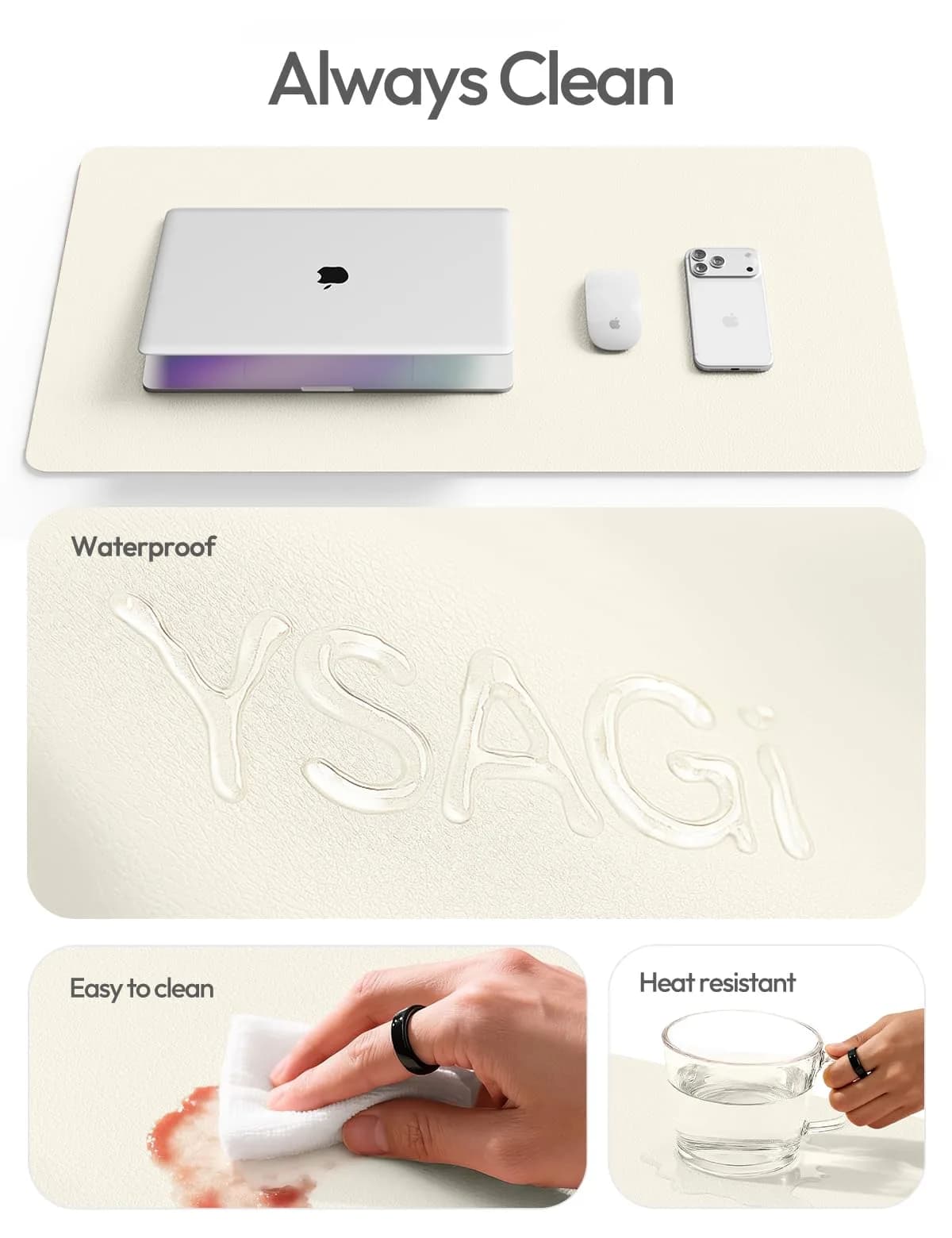YSAGi PU Leather Desk Protector Mat (47.2" x 23.6", Cream) | Protects Desk, Doubles as Large Mouse Pad - view 8
