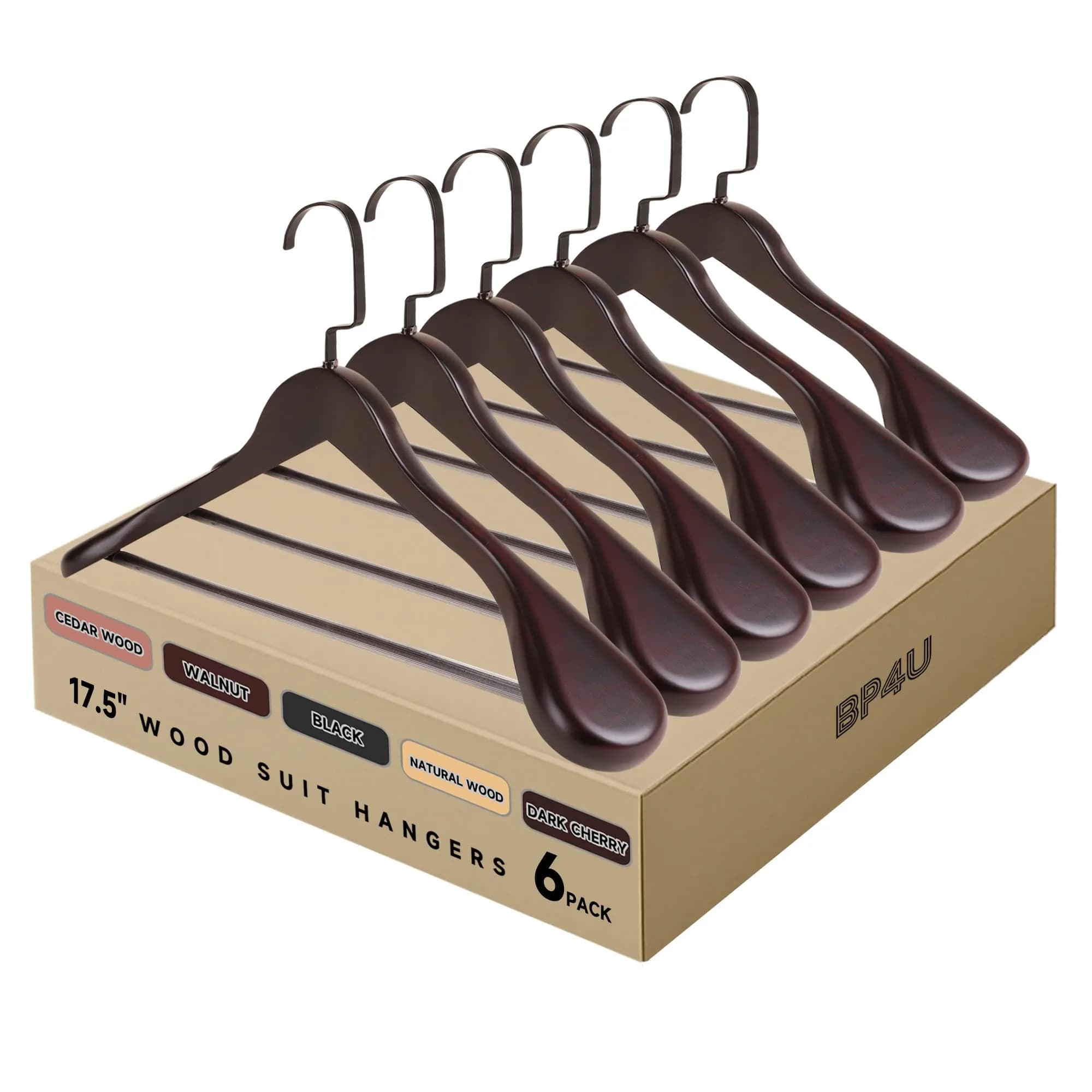 BP4U Wooden Suit Hangers with Non Slip Pants Bar 17.5" Dark Cherry 6-Pack | Heavy Duty, Wide Shoulders, Anti-Slip - main product image
