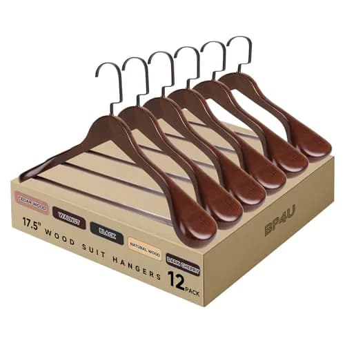 BP4U Wooden Suit Hangers with Non Slip Pants Bar Walnut 12-Pack | Heavy Duty Suit & Coat Organizers thumbnail 1