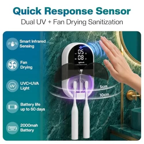 JetFresh UV Toothbrush Sanitizer & Holder with Fan Drying | Wall Mounted UV-C Cleaner for Bathroom thumbnail 2