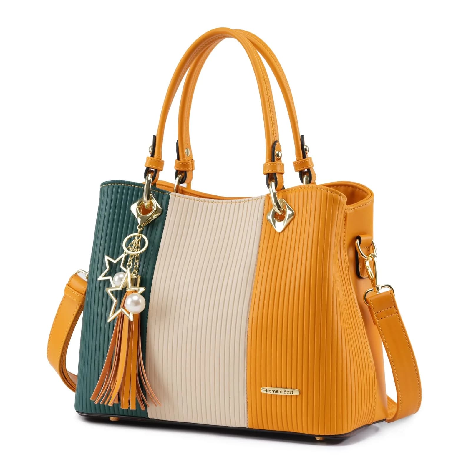 Pomelo Best Women's Top-Handle Satchel Bag 29.2 cm (11.5 in) | Multi-Pocket PU Leather Shoulder Crossbody Bag — Green/Warm White/Yellow