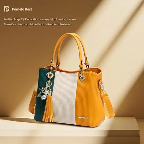 Pomelo Best Women's Satchel Handbag with Top Handle & Detachable Strap, Green/Warm White/Yellow, 30cm (11.8") | 8 Internal Pockets thumbnail 5