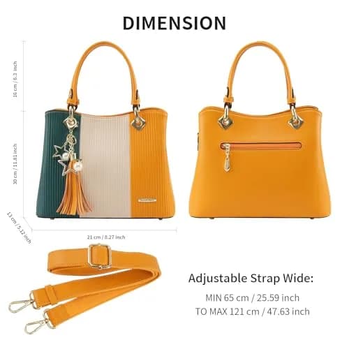 Pomelo Best Women's Satchel Handbag with Top Handle & Detachable Strap, Green/Warm White/Yellow, 30cm (11.8") | 8 Internal Pockets thumbnail 6