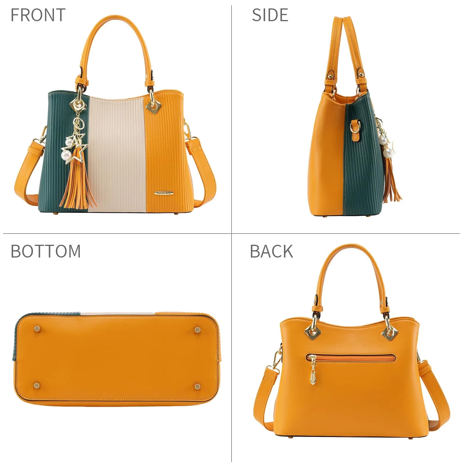 Pomelo Best Women's Satchel Handbag with Top Handle & Detachable Strap, Green/Warm White/Yellow, 30cm (11.8") | 8 Internal Pockets thumbnail 7