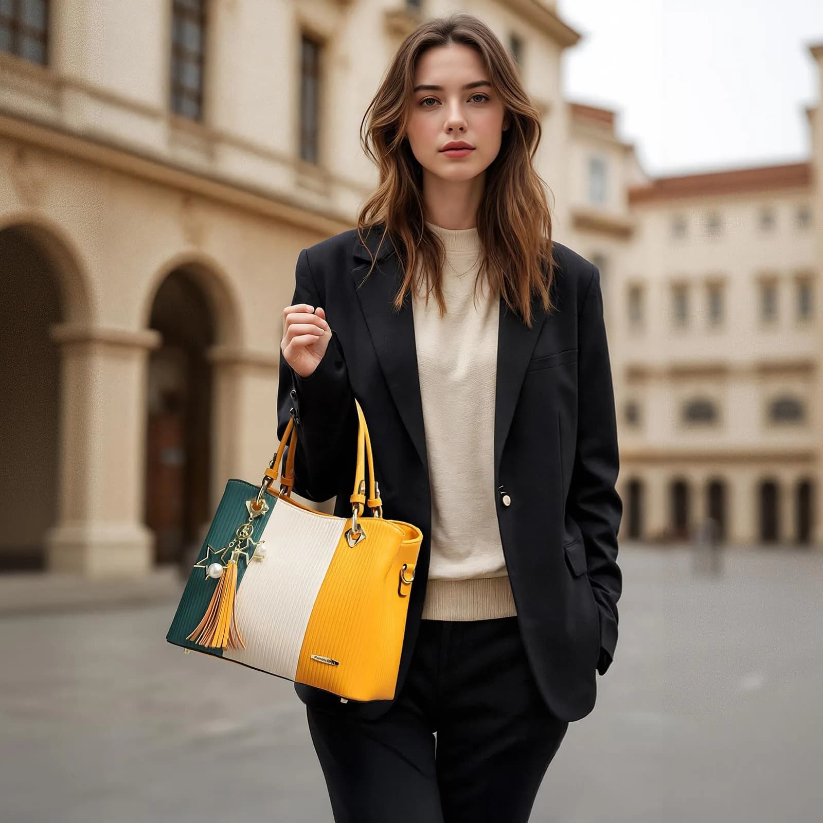 Pomelo Best Women's Satchel Handbag with Top Handle & Detachable Strap, Green/Warm White/Yellow, 30cm (11.8") | 8 Internal Pockets thumbnail 2