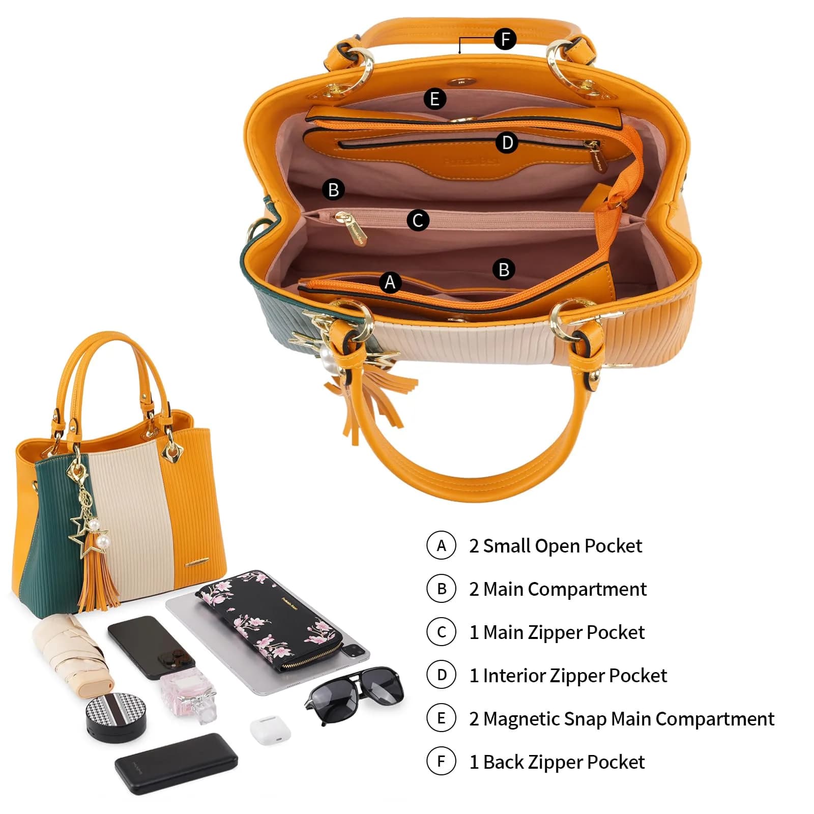 Pomelo Best Women's Satchel Handbag with Top Handle & Detachable Strap, Green/Warm White/Yellow, 30cm (11.8") | 8 Internal Pockets thumbnail 3