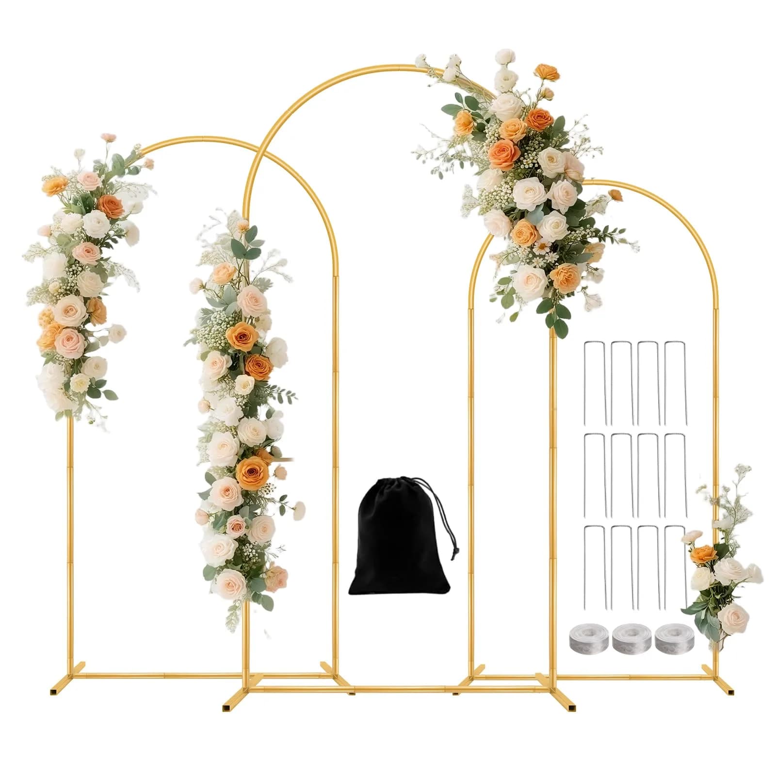Nisoger 3 Pack Metal Arch Backdrop Stand Set 2.2m (7.2 ft) 2m (6.6 ft) 1.8m (6 ft) Gold | Heavy Duty Balloon Arbor Frame for Weddings & Events — Gold
