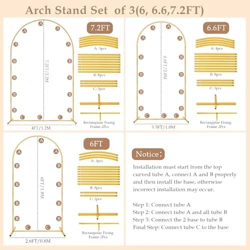 Nisoger 3 Pack Metal Arch Backdrop Stand Set 2.2m (7.2 ft) 2m (6.6 ft) 1.8m (6 ft) Gold | Heavy Duty Balloon Arbor Frame for Weddings & Events thumbnail 8