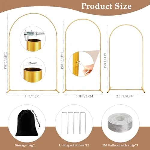 Nisoger 3 Pack Metal Arch Backdrop Stand Set 2.2m (7.2 ft) 2m (6.6 ft) 1.8m (6 ft) Gold | Heavy Duty Balloon Arbor Frame for Weddings & Events thumbnail 3