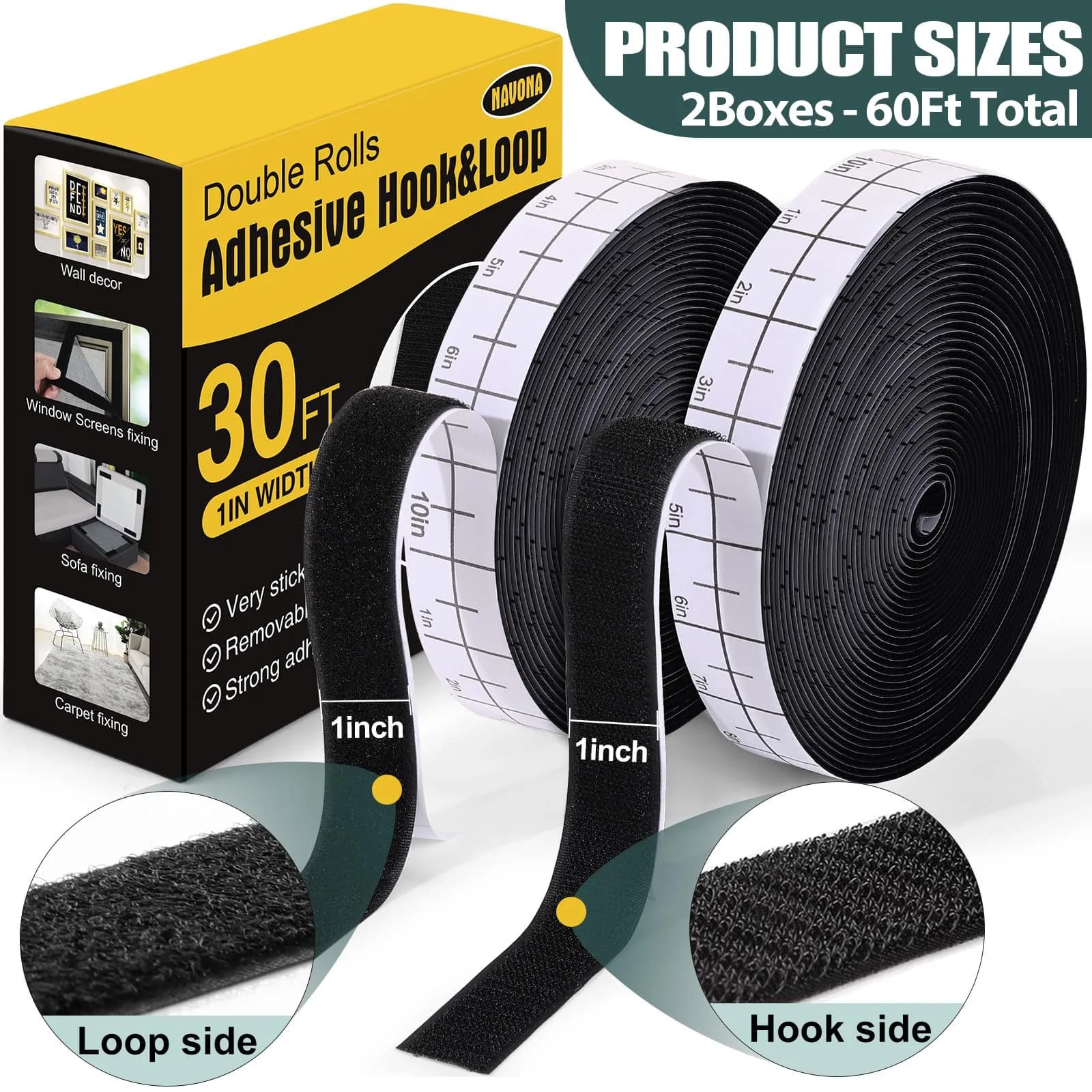 Navona Heavy Duty Hook and Loop Strips with Adhesive, 60ft Total x 2.5cm (1 Inch), Black | Self-Adhesive Fastener Tape for Home & Office - view 2