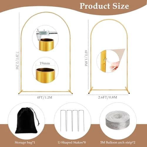 Nisoger 2 Pack Metal Arch Backdrop Stand 2.2m (7.2 ft) & 1.8m (6 ft) Gold Balloon Arbor Frame | Heavy Duty Wedding Party Decor thumbnail 4