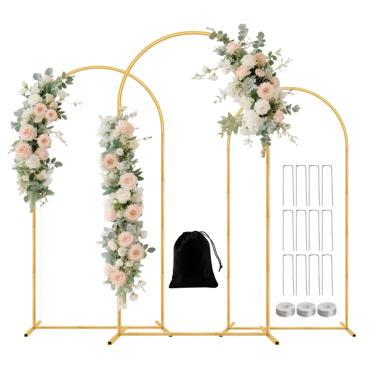 Nisoger 3 Pack Metal Arch Backdrop Stand Set (6 ft, 5 ft, 4 ft) Gold Balloon Arbor Frame | Heavy Duty Wedding Party Decor — Gold