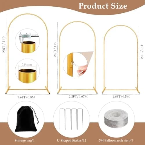 Nisoger 3 Pack Metal Arch Backdrop Stand Set (6 ft, 5 ft, 4 ft) Gold Balloon Arbor Frame | Heavy Duty Wedding Party Decor thumbnail 4