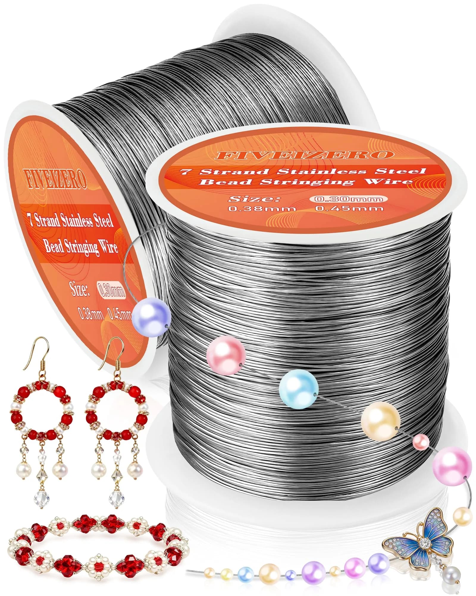 FIVEIZERO 0.3mm 7 Strand Stainless Steel Beading Wire, 656ft Jewelry Wire, Silver | Durable, Flexible Jewelry Stringing Support — Silver