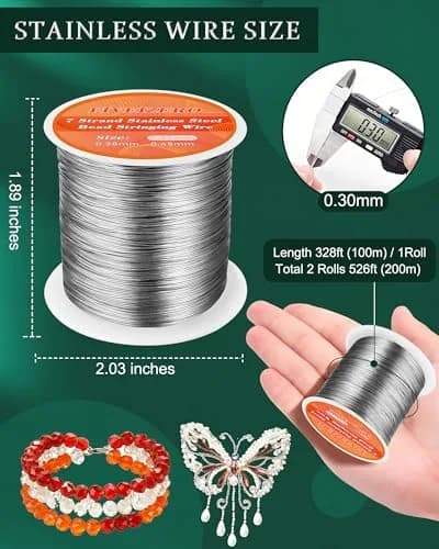 FIVEIZERO 0.3mm 7 Strand Stainless Steel Beading Wire, 656ft Jewelry Wire, Silver | Durable, Flexible Jewelry Stringing Support thumbnail 2