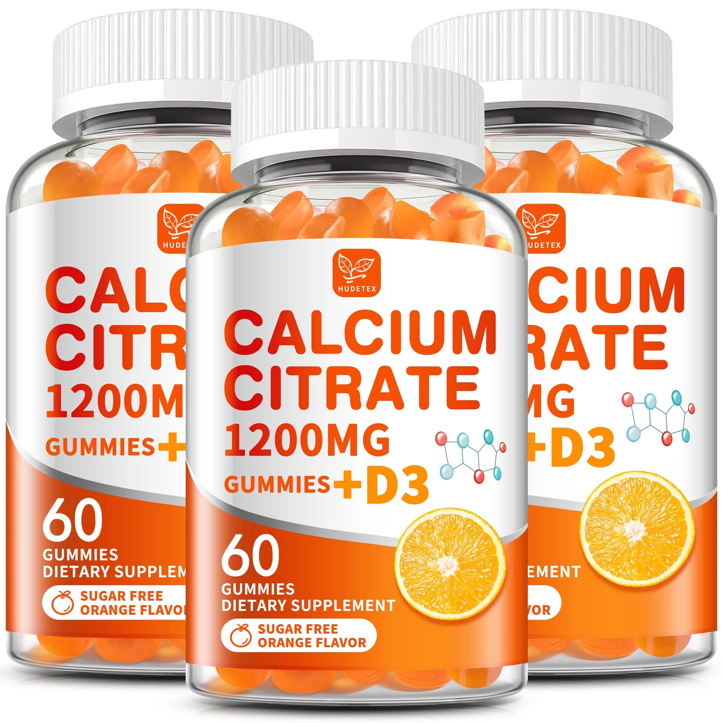 Hudetex Calcium Citrate 1200 mg & Vitamin D3 Gummies 60 Day Supply | Sugar-Free, Vegan, Orange Flavor
