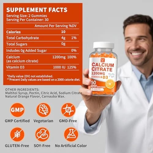 Hudetex Calcium Citrate 1200 mg & Vitamin D3 Gummies 60 Day Supply | Sugar-Free, Vegan, Orange Flavor thumbnail 6