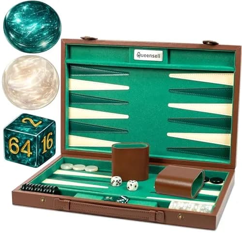 Queensell 15 Inch Backgammon Set for Adults – Premium Faux Suede Leather Board Game with 32 Chips, Dice Cups & Doubling Cube | Educational Strategy Game thumbnail 1
