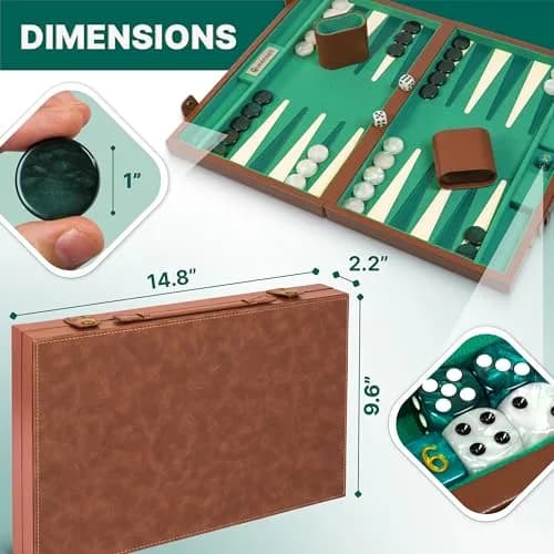 Queensell 15 Inch Backgammon Set for Adults – Premium Faux Suede Leather Board Game with 32 Chips, Dice Cups & Doubling Cube | Educational Strategy Game thumbnail 6
