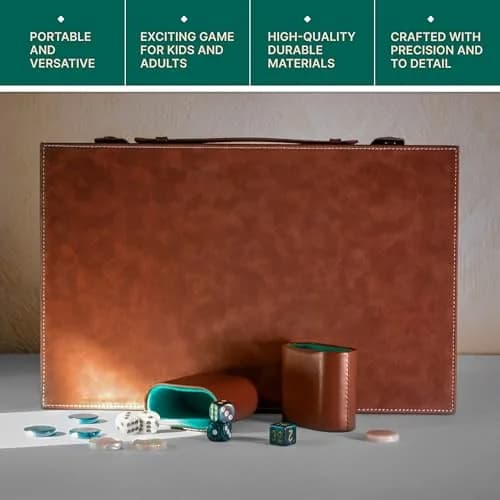 Queensell 15 Inch Backgammon Set for Adults – Premium Faux Suede Leather Board Game with 32 Chips, Dice Cups & Doubling Cube | Educational Strategy Game thumbnail 9