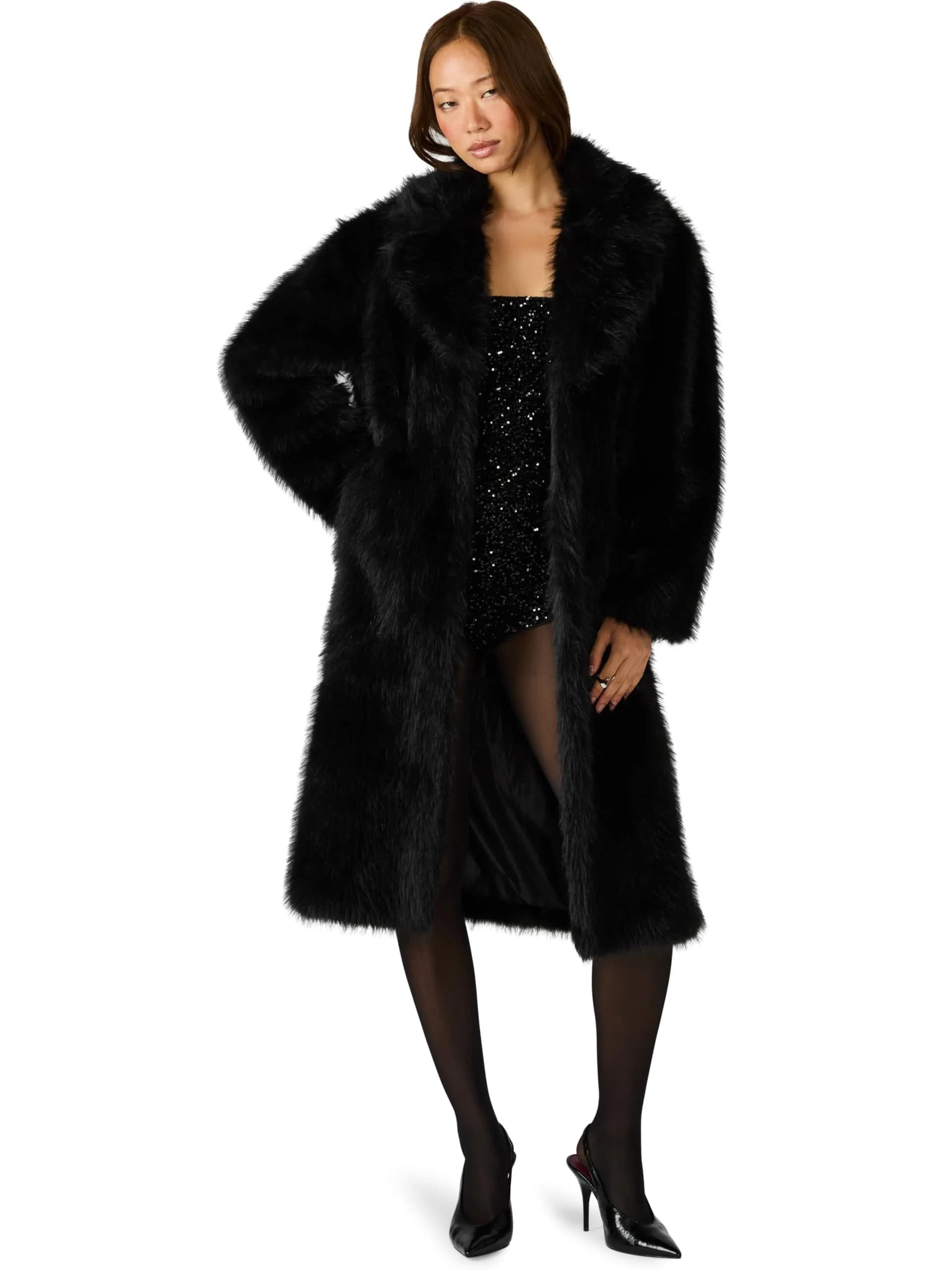 Steve Madden LARKIN COAT, Black, XS | Fall Season Loose Fit Faux Fur Overcoat - main product image