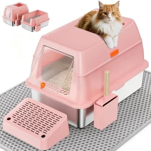 PEDIBAT XL Stainless Steel Litter Box with Lid, Enclosed Metal Cat Pan | Extra Large High-Sided Cat Litter Box for All Sizes thumbnail 1