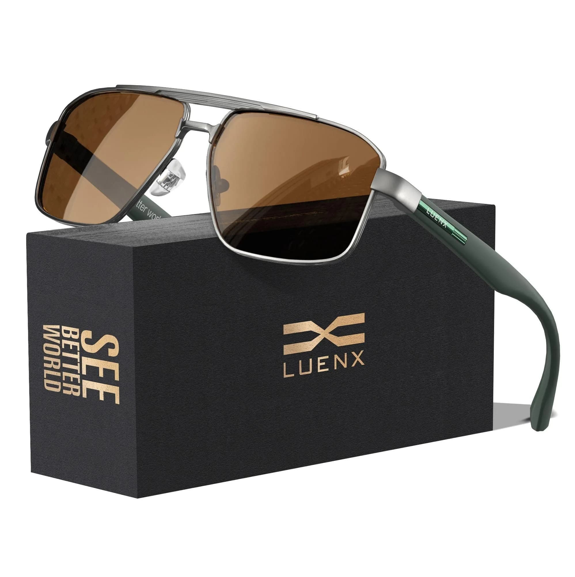 Luenx Polarized Aviator Sunglasses for Men & Women | 60mm (2.36in) Brown Lens, Gunmetal Frame — Brown Lens/Gunmetal Frame