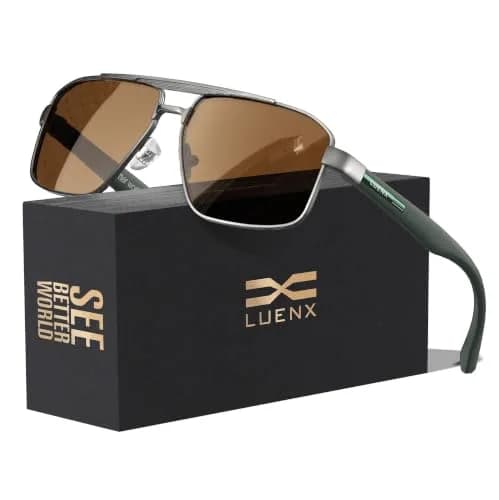 Luenx Polarized Aviator Sunglasses for Men & Women | 60mm (2.36in) Brown Lens, Gunmetal Frame thumbnail 1