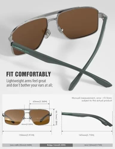 Luenx Polarized Aviator Sunglasses for Men & Women | 60mm (2.36in) Brown Lens, Gunmetal Frame thumbnail 4