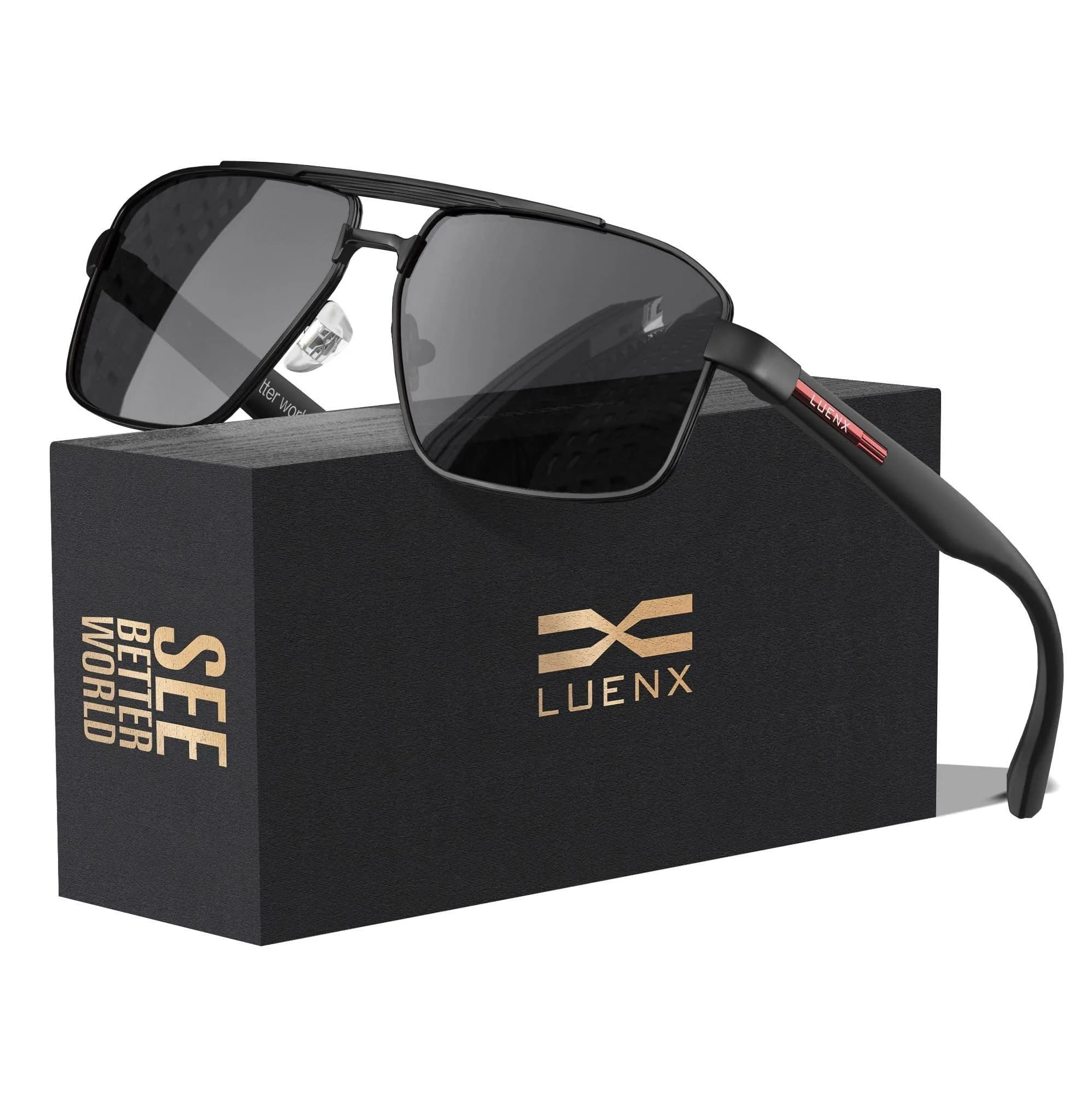 Luenx Polarized Aviator Sunglasses for Men & Women | 60mm (2.36 in) Square Lens — Black Lens/Black Frame
