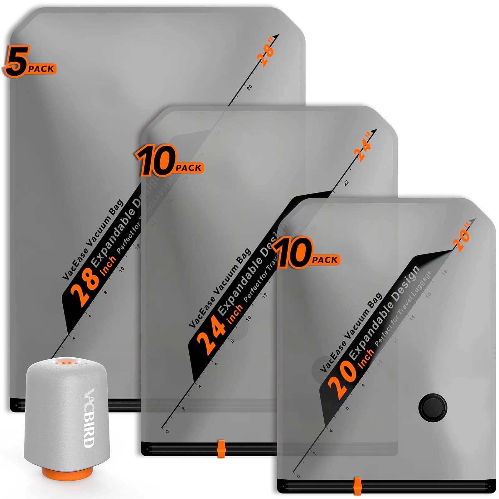 Vacbird Rechargeable Wireless Pump Travel Storage Bags Set - 25 Pack Space Saver Bags for Travel & Home