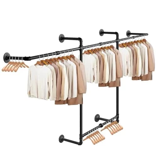 Livabber Industrial Pipe Clothes Rack 2 Tier 82 Inch Black | Heavy Duty Wall Mounted Garment Organizer thumbnail 1