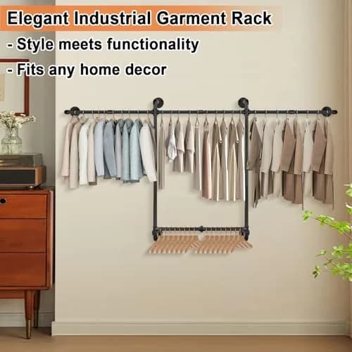 Livabber Industrial Pipe Clothes Rack 2 Tier 82 Inch Black | Heavy Duty Wall Mounted Garment Organizer thumbnail 4