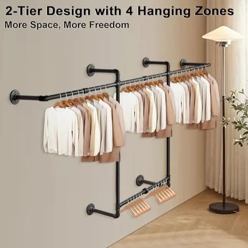 Livabber Industrial Pipe Clothes Rack 2 Tier 82 Inch Black | Heavy Duty Wall Mounted Garment Organizer thumbnail 5