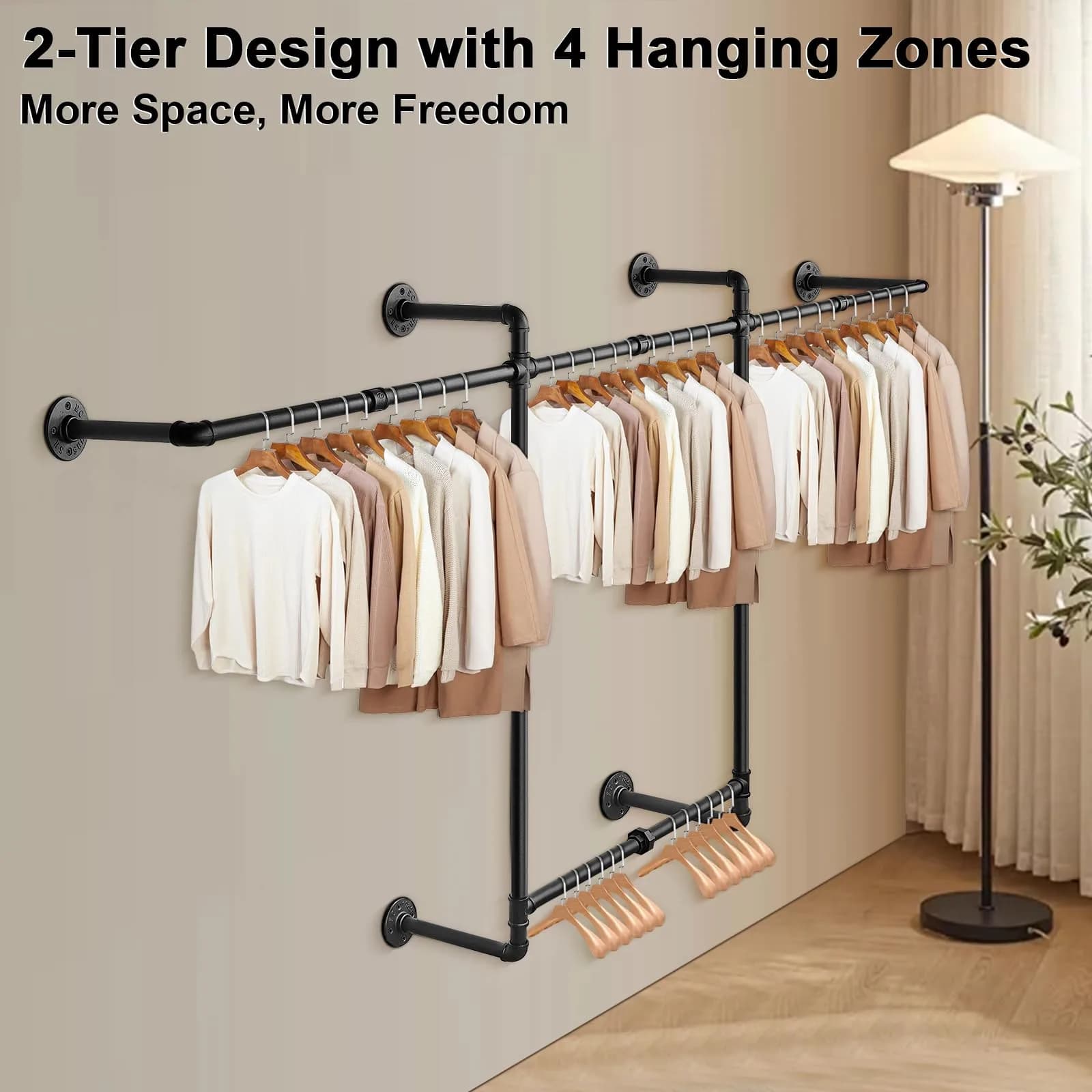 Livabber Industrial Pipe Clothes Rack 2 Tier 82 Inch Black | Heavy Duty Wall Mounted Garment Organizer - view 5
