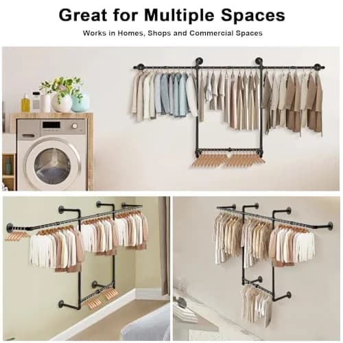Livabber Industrial Pipe Clothes Rack 2 Tier 82 Inch Black | Heavy Duty Wall Mounted Garment Organizer thumbnail 6
