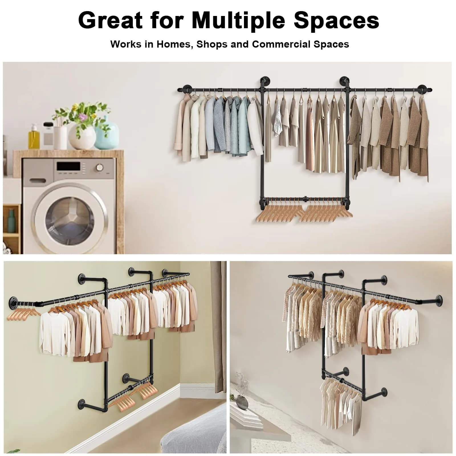 Livabber Industrial Pipe Clothes Rack 2 Tier 82 Inch Black | Heavy Duty Wall Mounted Garment Organizer - view 6