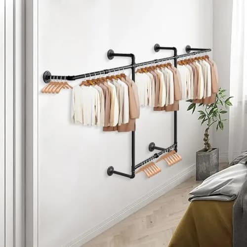 Livabber Industrial Pipe Clothes Rack 2 Tier 82 Inch Black | Heavy Duty Wall Mounted Garment Organizer thumbnail 7