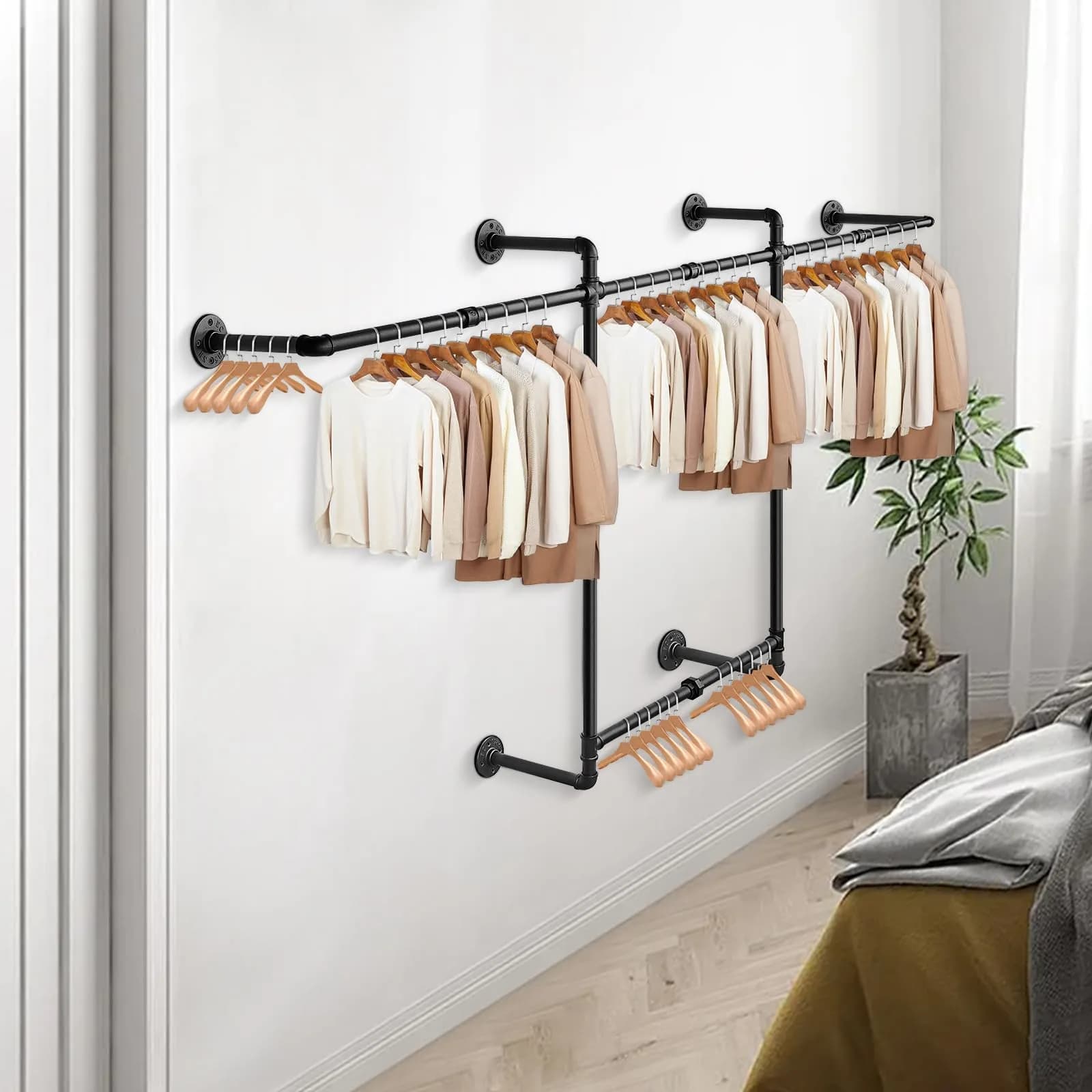 Livabber Industrial Pipe Clothes Rack 2 Tier 82 Inch Black | Heavy Duty Wall Mounted Garment Organizer - view 7