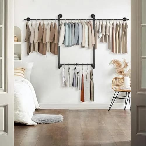 Livabber Industrial Pipe Clothes Rack 2 Tier 82 Inch Black | Heavy Duty Wall Mounted Garment Organizer thumbnail 8