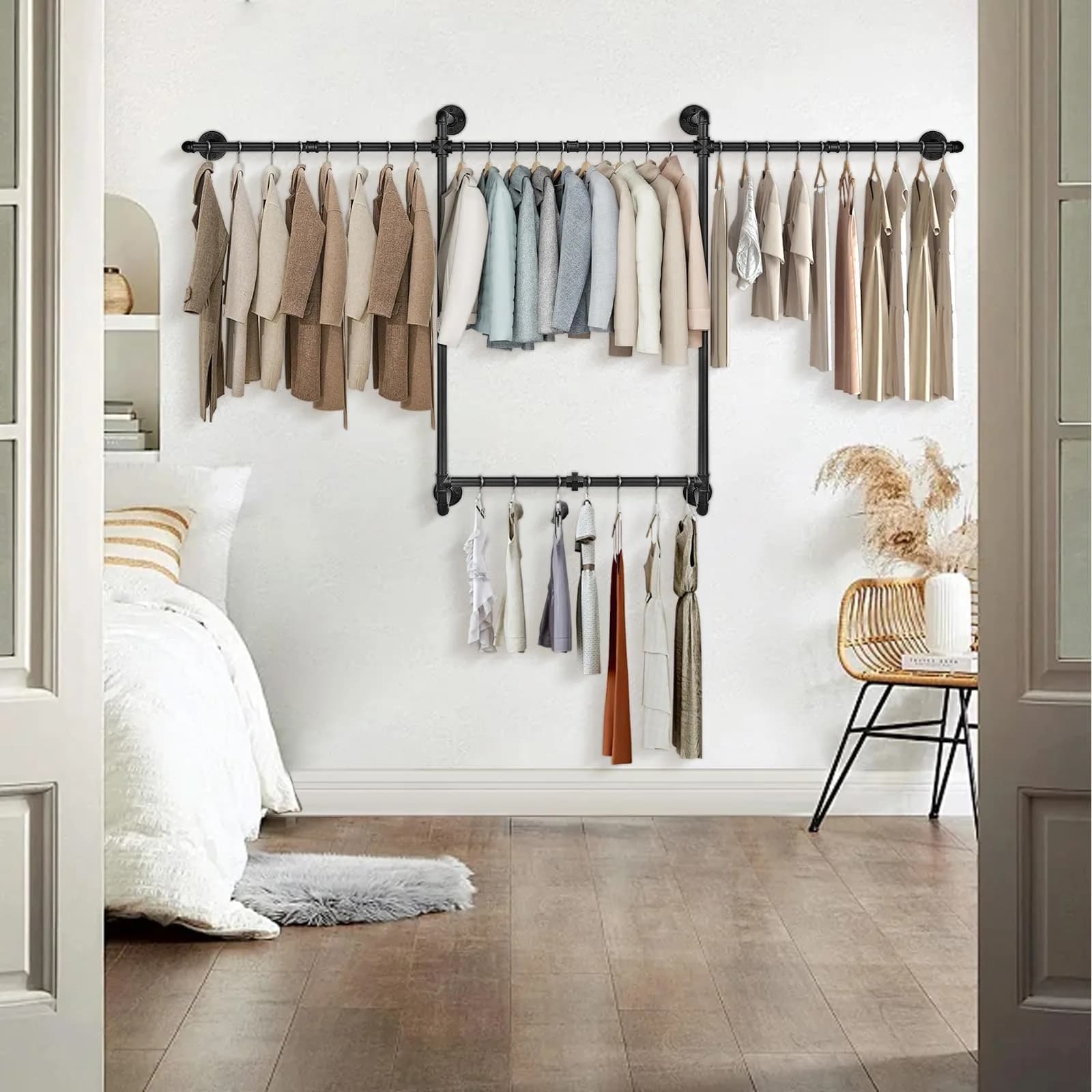 Livabber Industrial Pipe Clothes Rack 2 Tier 82 Inch Black | Heavy Duty Wall Mounted Garment Organizer - view 8