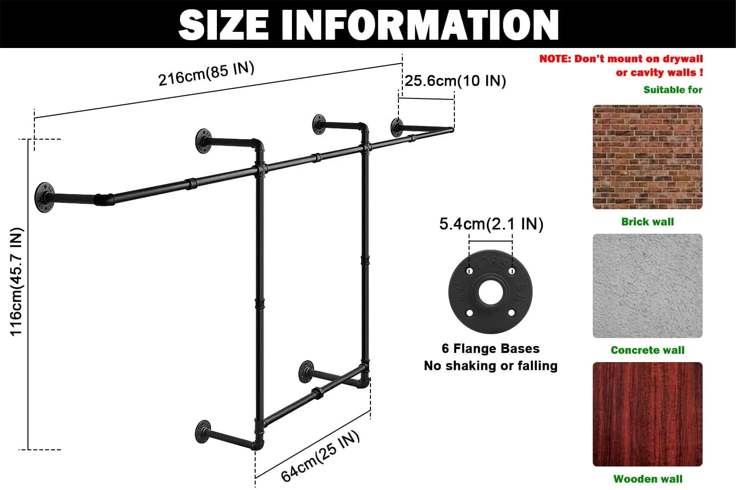 Livabber Industrial Pipe Clothes Rack 2 Tier 82 Inch Black | Heavy Duty Wall Mounted Garment Organizer - view 2