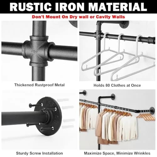 Livabber Industrial Pipe Clothes Rack 2 Tier 82 Inch Black | Heavy Duty Wall Mounted Garment Organizer thumbnail 3