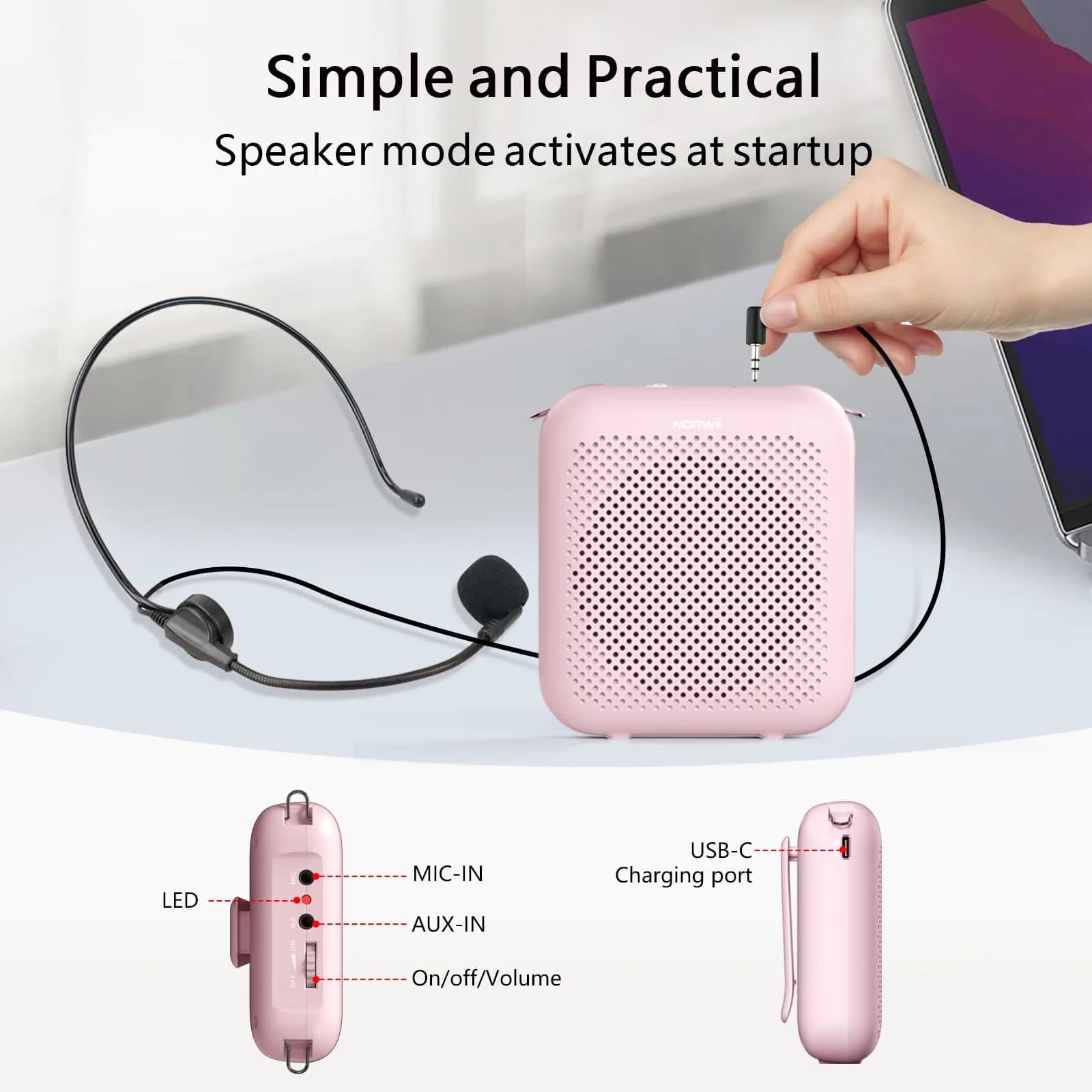 Norwii Portable Voice Amplifier with Wired Microphone Headset & 4000mAh Battery | 10W Loud Clear Sound - view 7