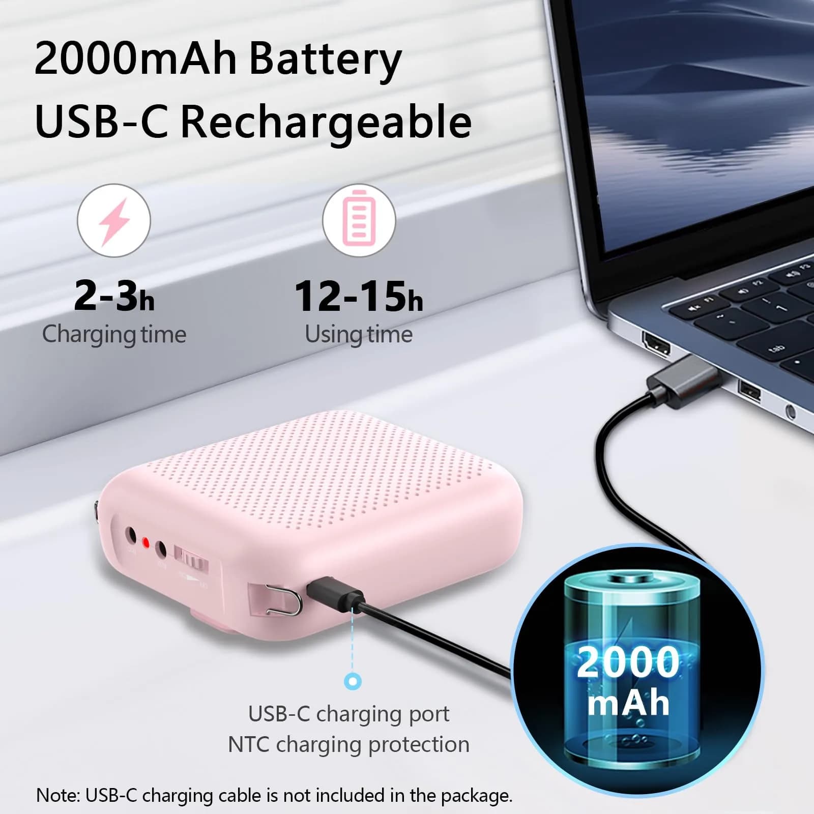 Norwii Pink Portable Voice Amplifier with Wired Headset Microphone - 2000mAh Battery - view 4