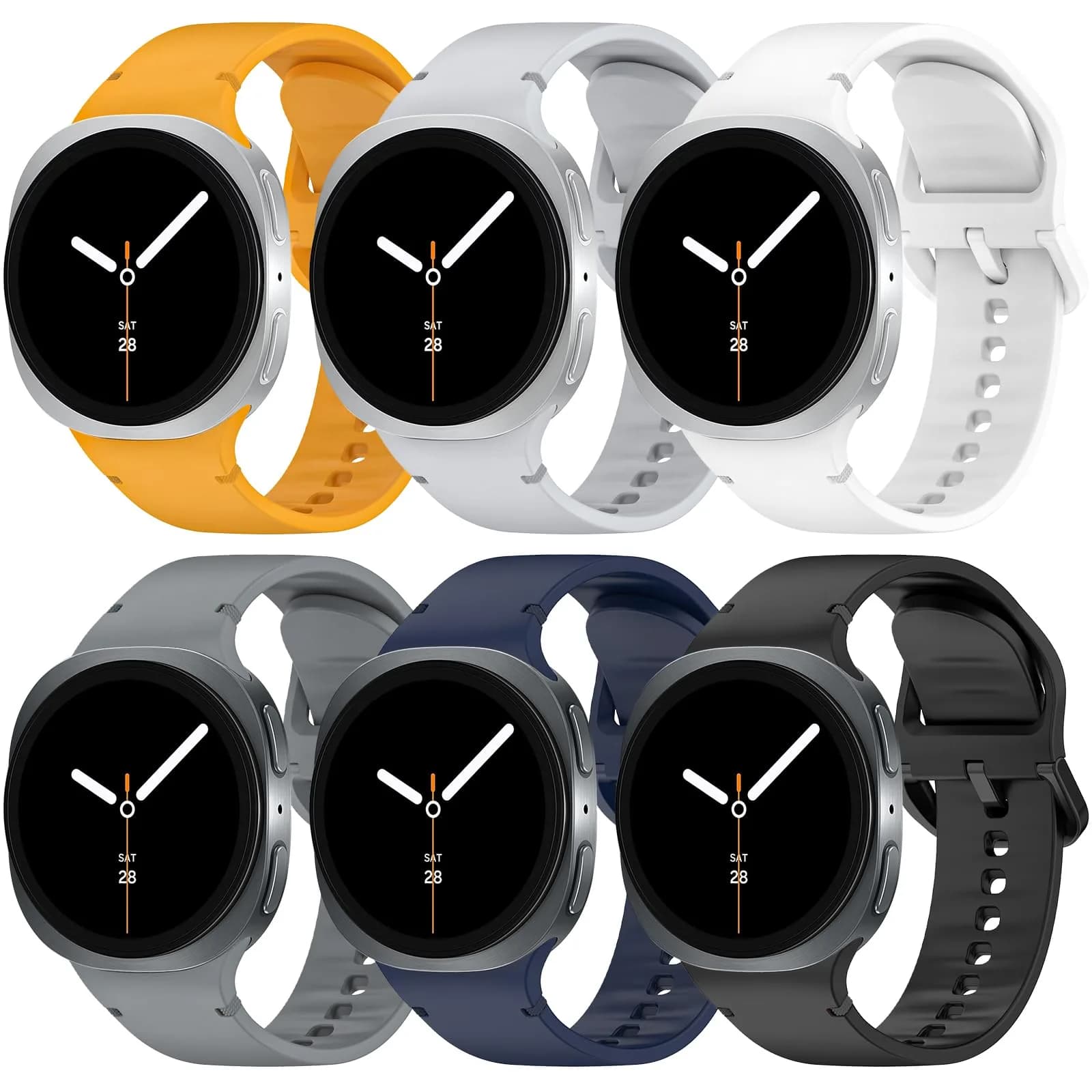 BandRain 6 Pack Silicone Sport Bands for Samsung Galaxy Watch 9/8/8 Classic 40mm 44mm 46mm | Compatible with Smartwatches — Black+Midnight Blue+Yellow+White+Light Gray+Space Gray
