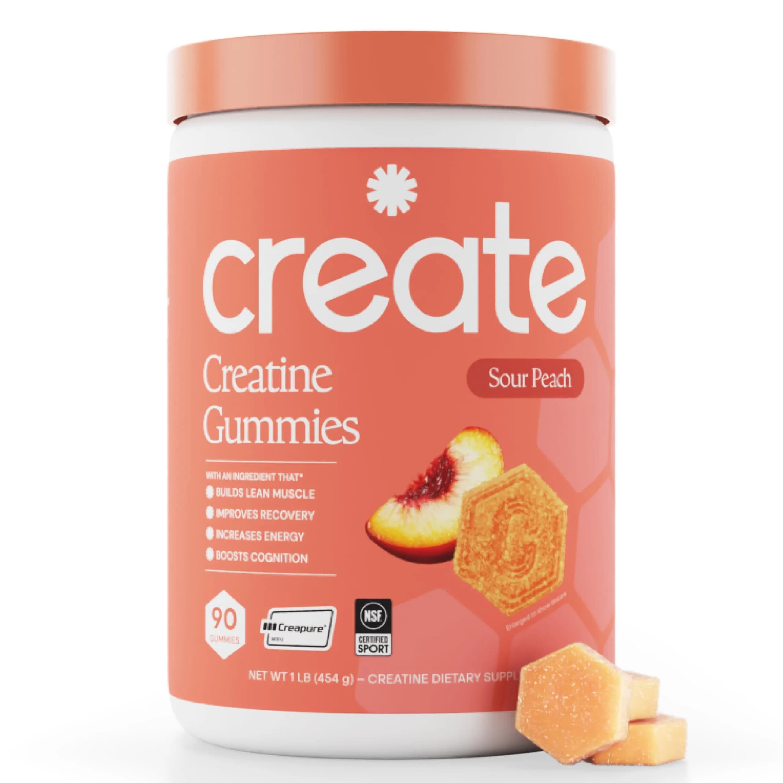 Create Creatine Monohydrate Gummies for Men & Women, Boost Focus, Strength, and Endurance, Anti-Melting Formula, Vegan, Gluten-Free, Non-GMO, 1.5g of Creatine per Gummy (Sour Peach) | 90 Count (405g)