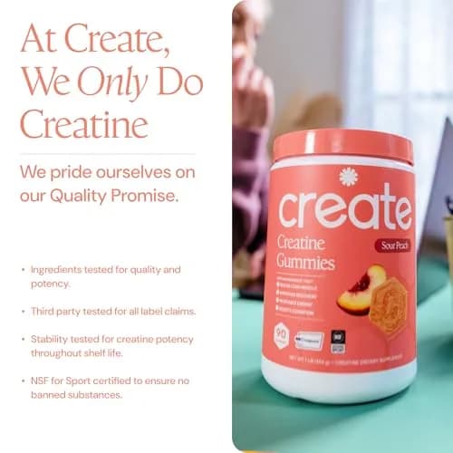 Create Creatine Monohydrate Gummies for Men & Women, Boost Focus, Strength, and Endurance, Anti-Melting Formula, Vegan, Gluten-Free, Non-GMO, 1.5g of Creatine per Gummy (Sour Peach) | 90 Count (405g) thumbnail 5